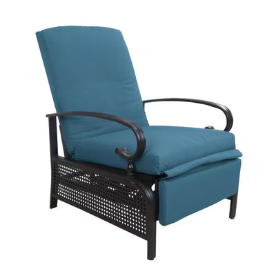 Black Metal Outdoor Recliner with Aqua Cushions for Outdoor Reading, Sunbathing or Relaxation