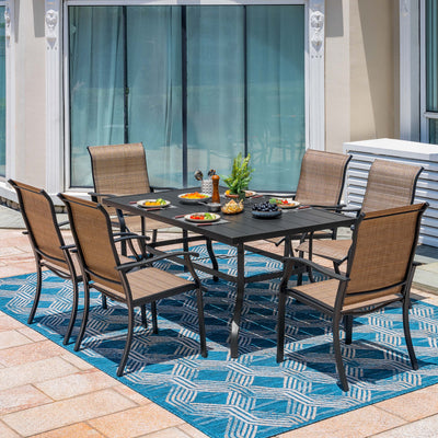 7 -Piece Black Patio Dining Set Iron Rectangle Table with 6 Brown Stationary Chairs