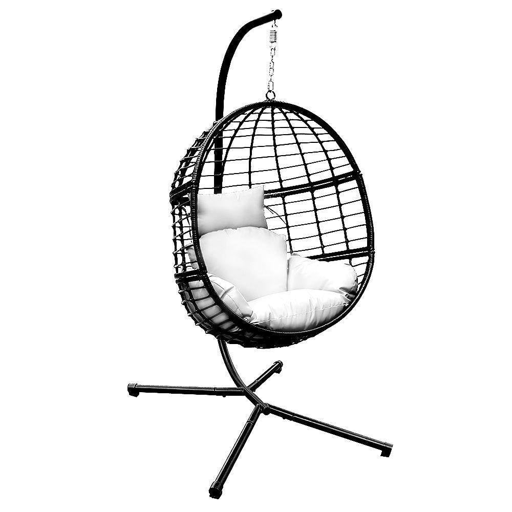 Black 78 In. Wicker Outdoor Basket Swing Chair with Stand and White Cushion