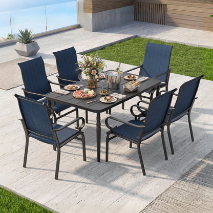 7 -Piece Black Patio Dining Set Iron Rectangle Table with 6 Brown Stationary Chairs