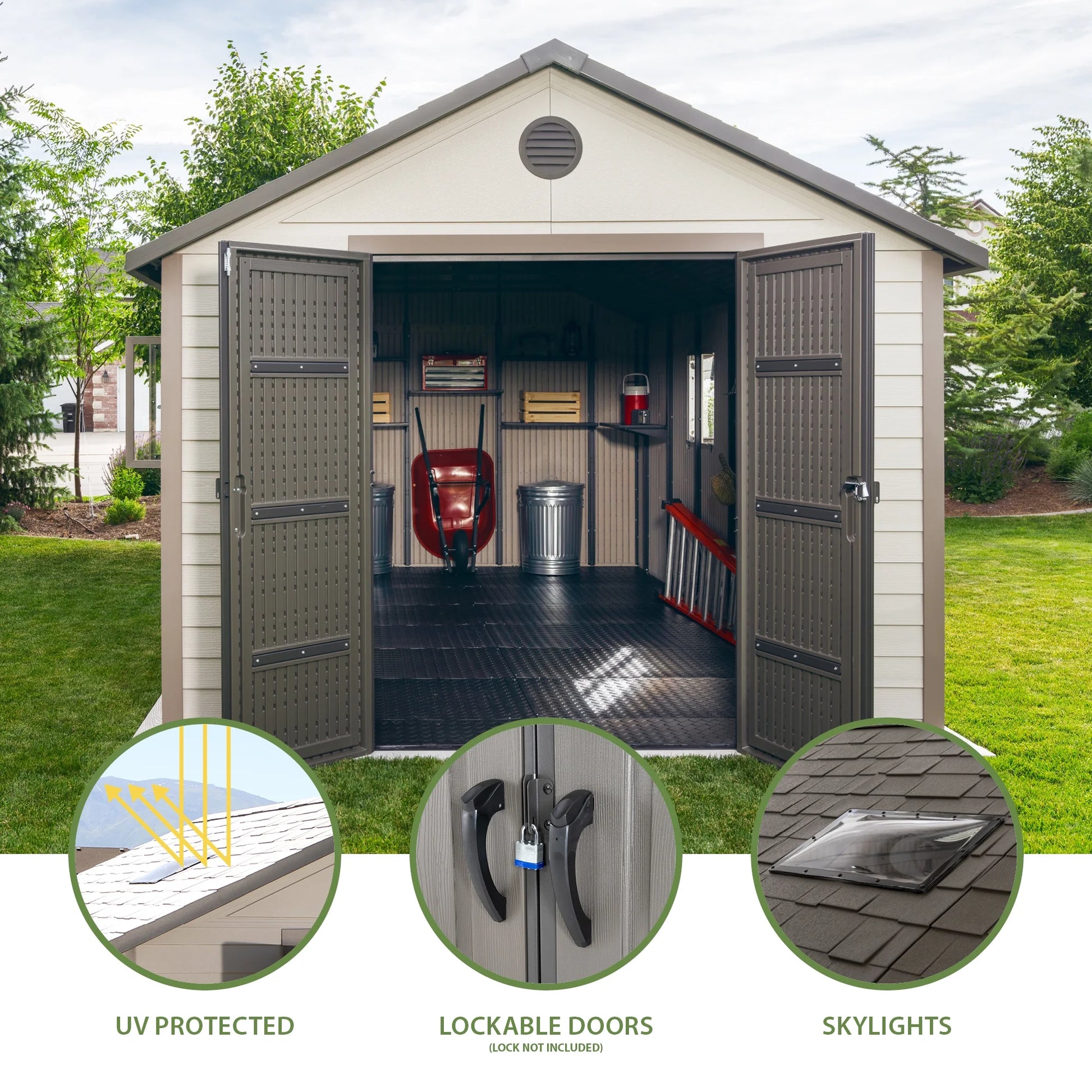 Polyethylene Storage Shed 176.9 Sq. Ft., 11 Ft. X 18.5 Ft. X 9.3 Ft., Tan/Brown (60355)