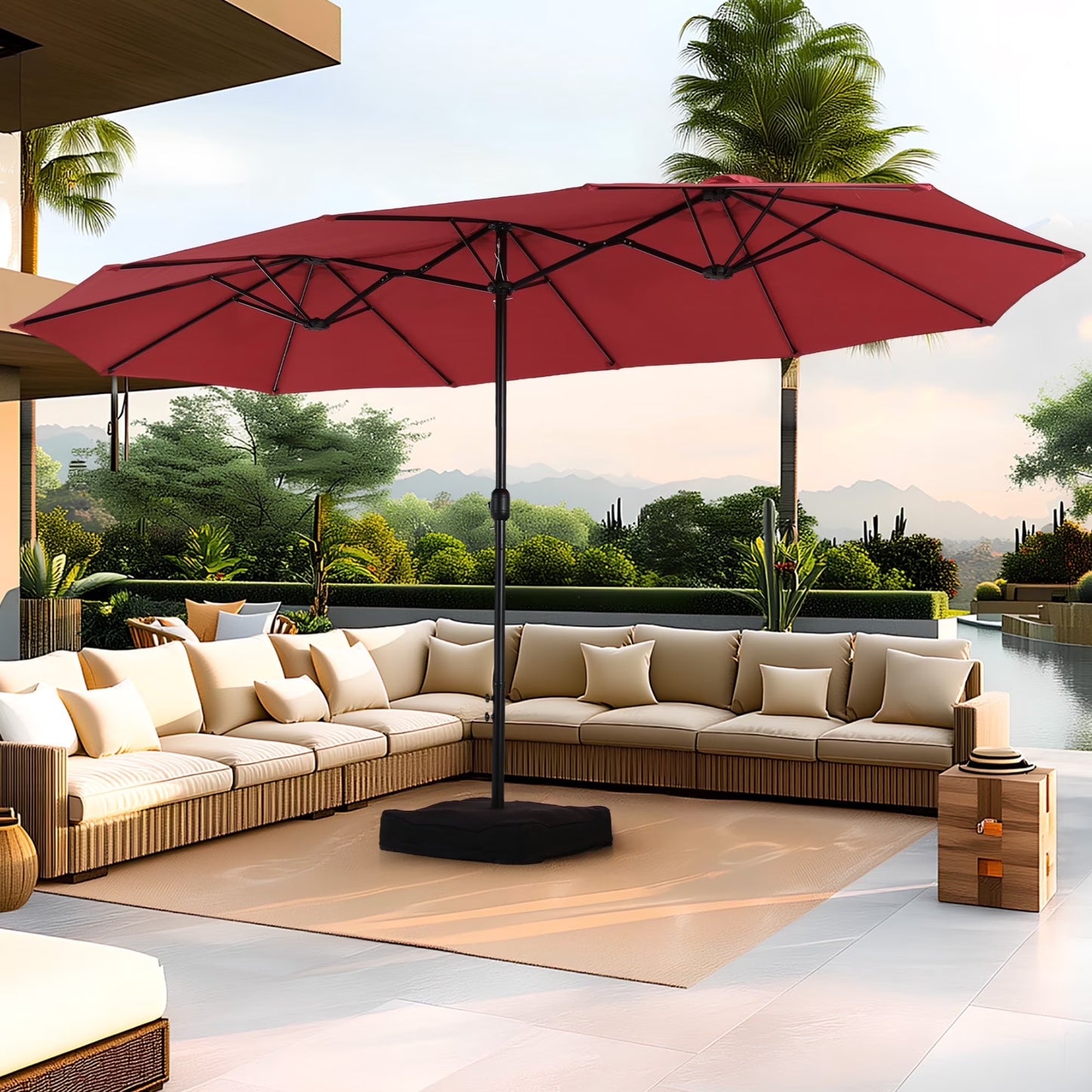 15 Ft Large Patio Umbrella with Base (Included) Double-Sided Rectangular Outdoor Deck Umbrella for outside - Burgundy