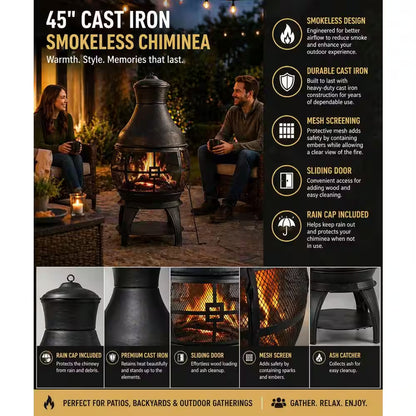 45 In. Outdoor Fireplace Wooden Black Fire Pit, Chimenea