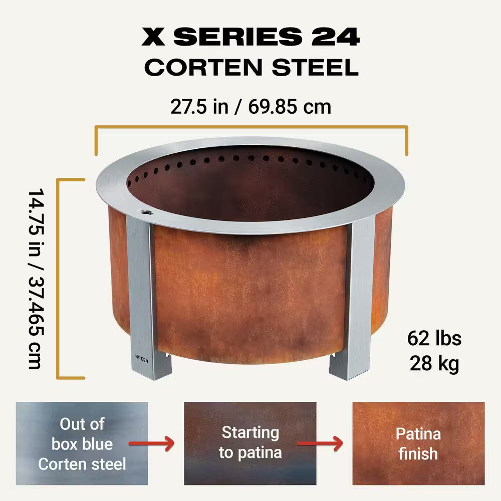 X-Series 24-Smokeless Fire Pit - Heavy-Gauge Steel Material - Compatible with Cooking and Grilling - Corten Steel