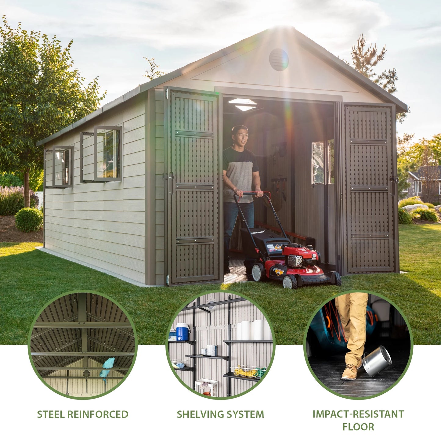 Polyethylene Storage Shed 176.9 Sq. Ft., 11 Ft. X 18.5 Ft. X 9.3 Ft., Tan/Brown (60355)