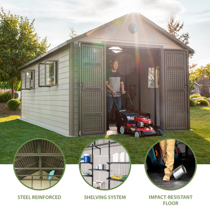 Polyethylene Storage Shed 176.9 Sq. Ft., 11 Ft. X 18.5 Ft. X 9.3 Ft., Tan/Brown (60355)