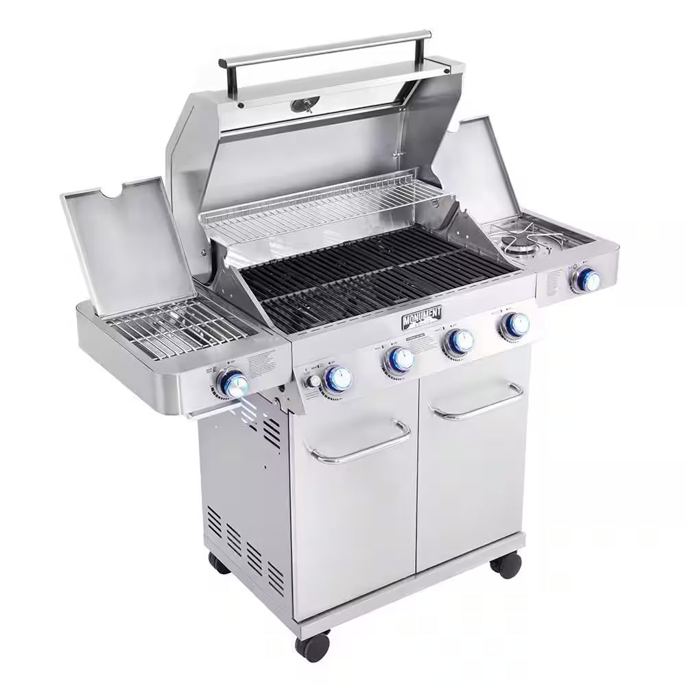 4-Burner Propane Gas Grill in Stainless with Clear View Lid, LED Controls, Side and Sear Burners