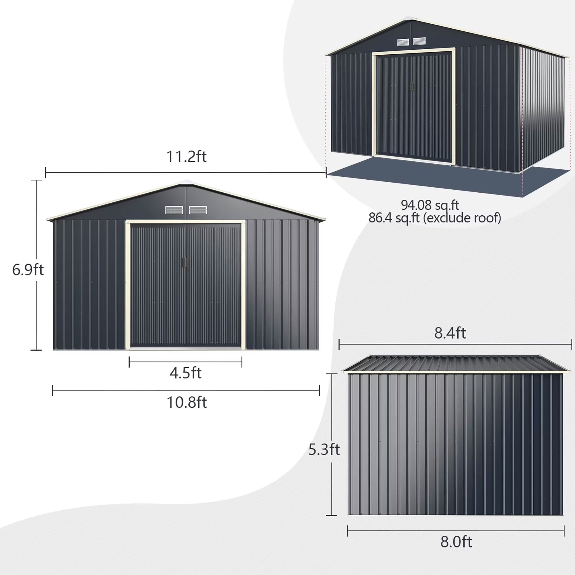 Metal Storage Shed for Garden and Tools W/Sliding Double Lockable Doors