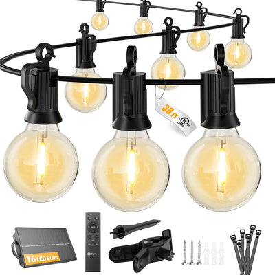 38FT 16LED Solar String Lights Outdoor with Remote & USB Port | Shatterproof Bulbs, Dimmable & Timable, 3 Modes, Solar Patio Lights with a Mount Clip for Camping Backyard Garden Decor