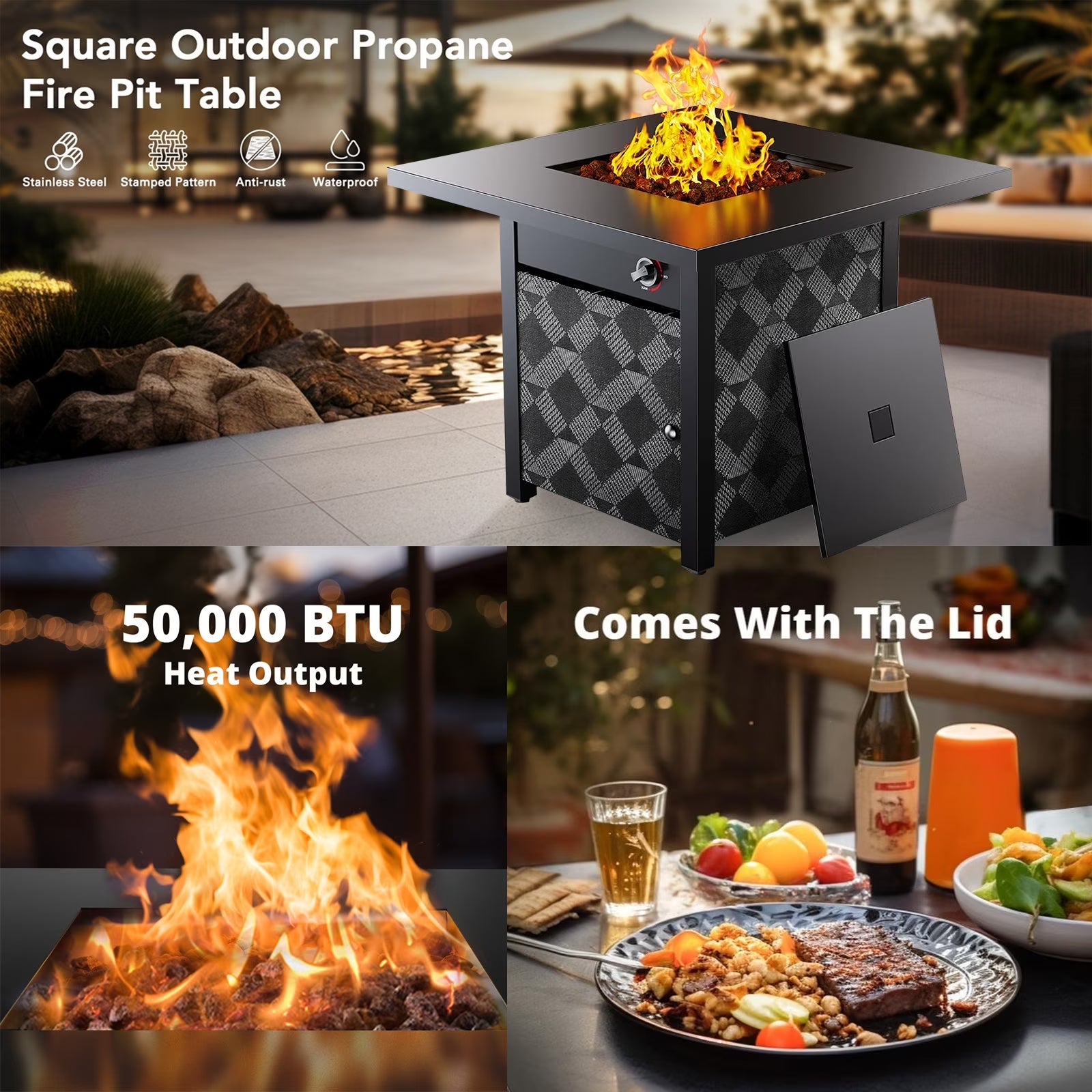 32" Propane Fire Pit, 50,000 BTU Square Gas Fire Pit Table for Patio Garden Party with Lava Rocks, Removable Lid, Csa-Certified