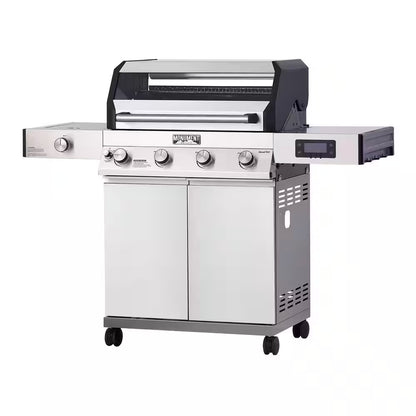 Denali 4-Burner Propane Gas Grill in Stainless with Clearview Lid, 3-Phase LED Controls and Side Burner