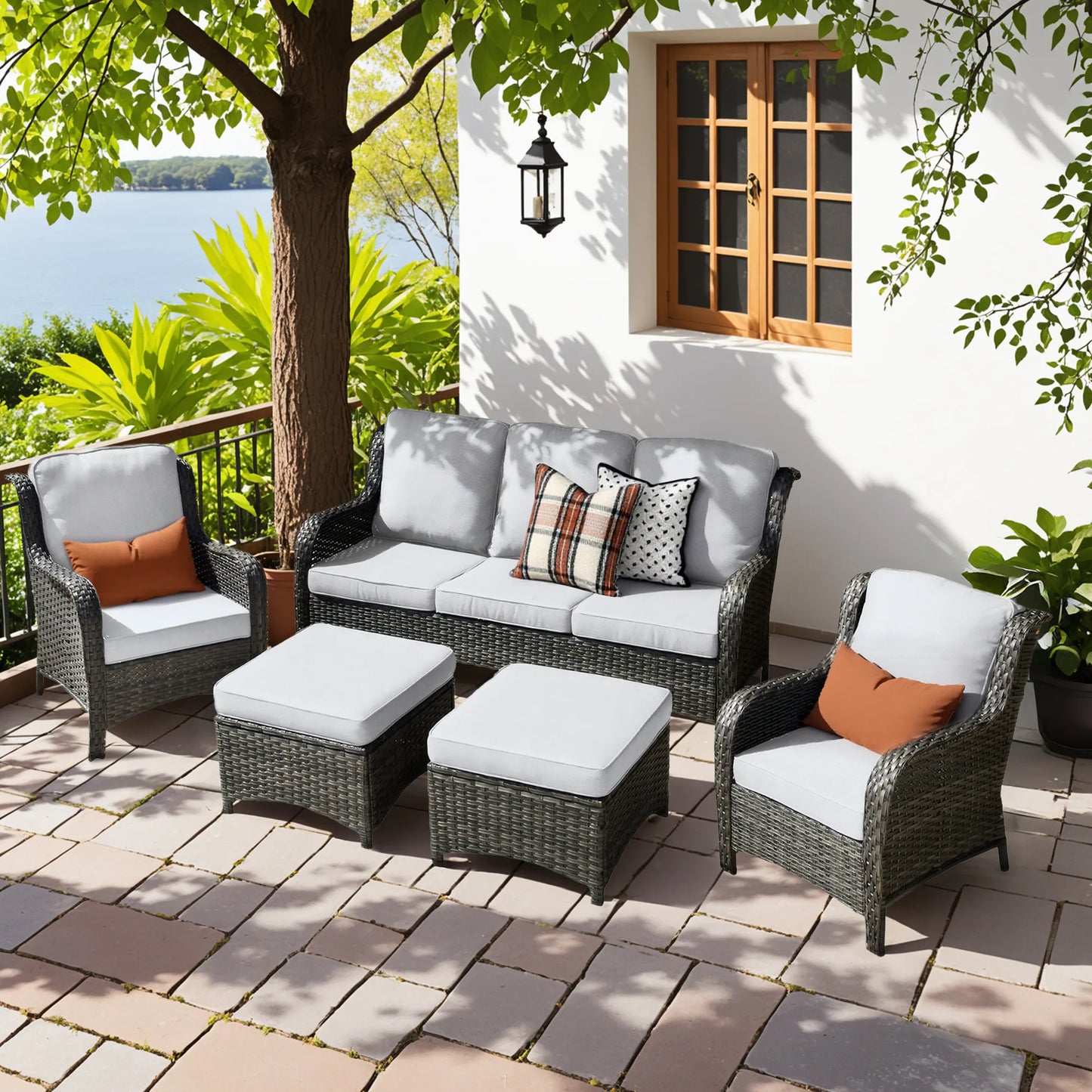 5 -Piece Wicker Patio Conversation Set with Gray Cushions Included