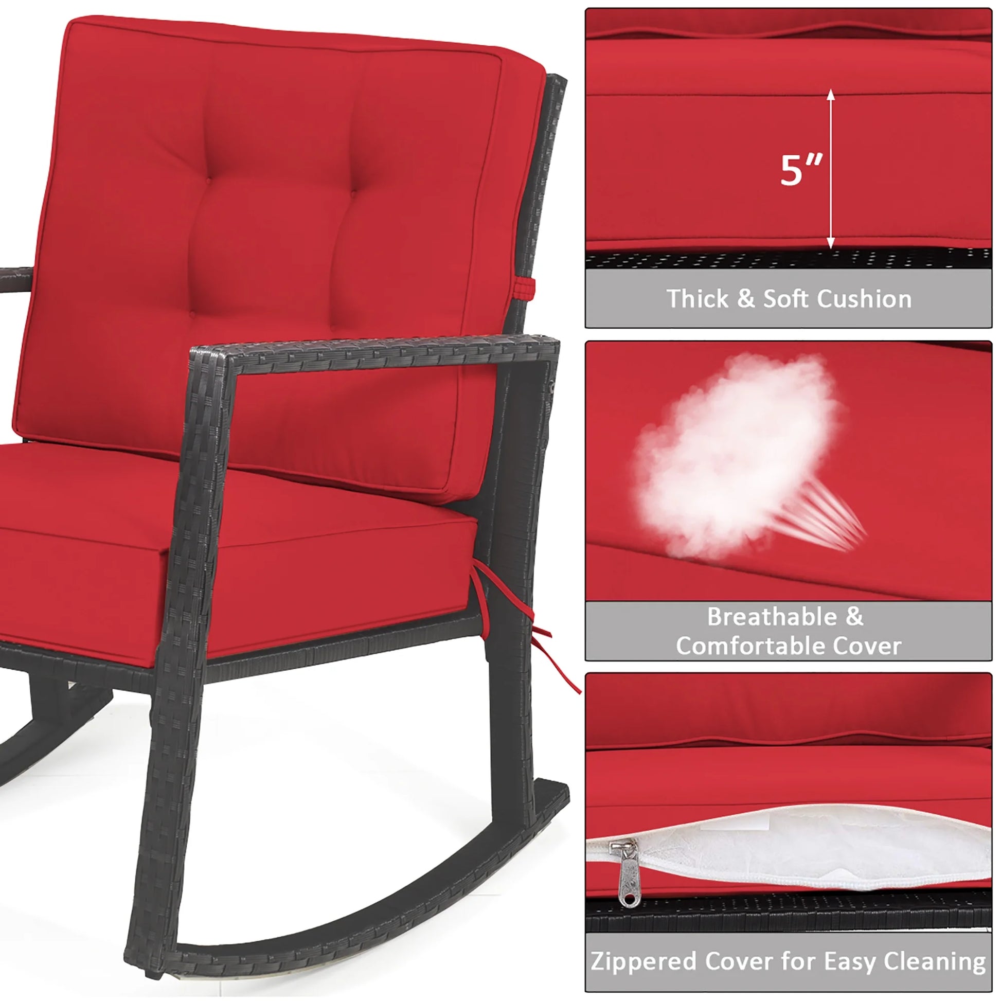 Patio Rattan Rocker Chair Outdoor Glider Wicker Rocking Chair Cushion Lawn Red