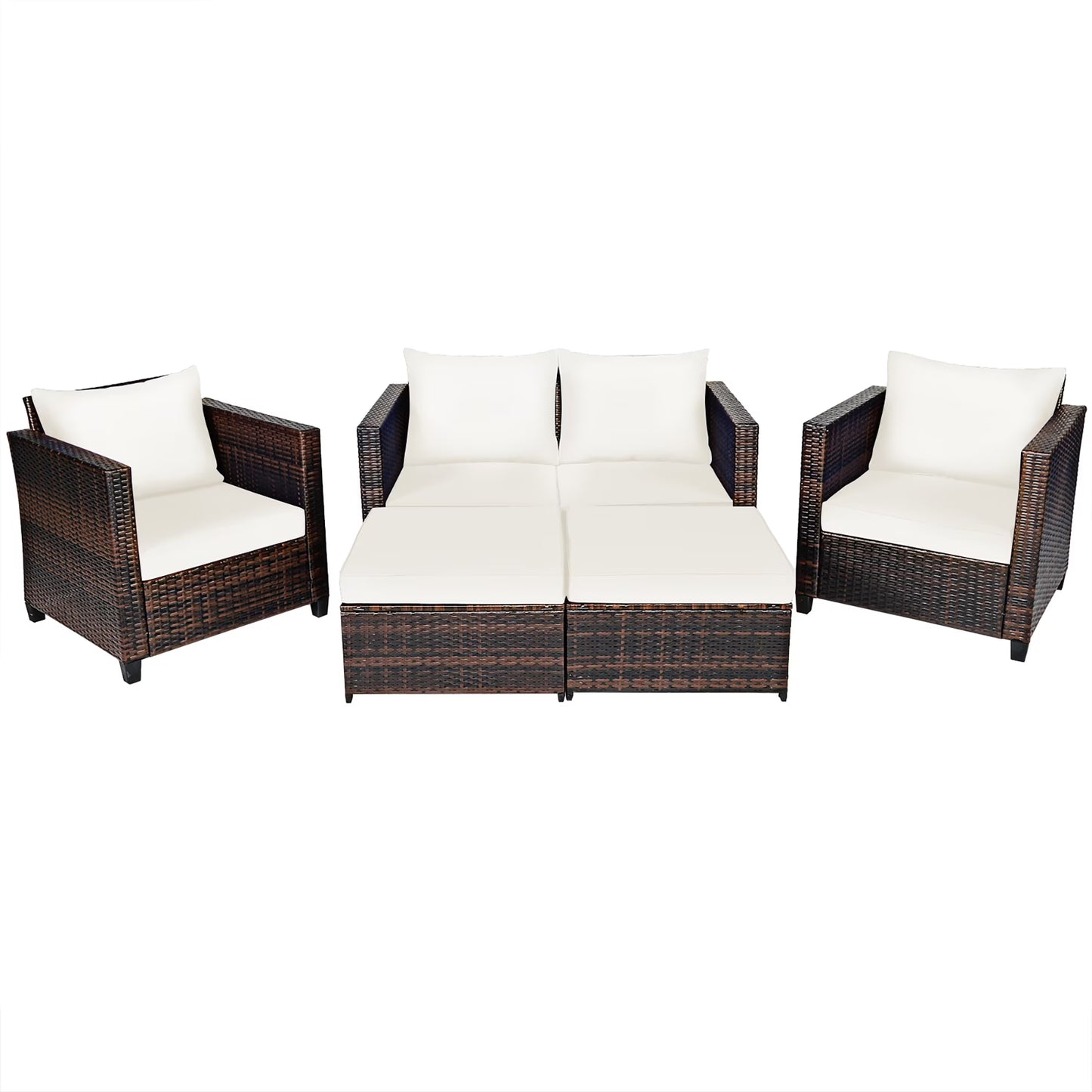 5PCS Patio Rattan Furniture Set Loveseat Sofa Ottoman Cushioned White