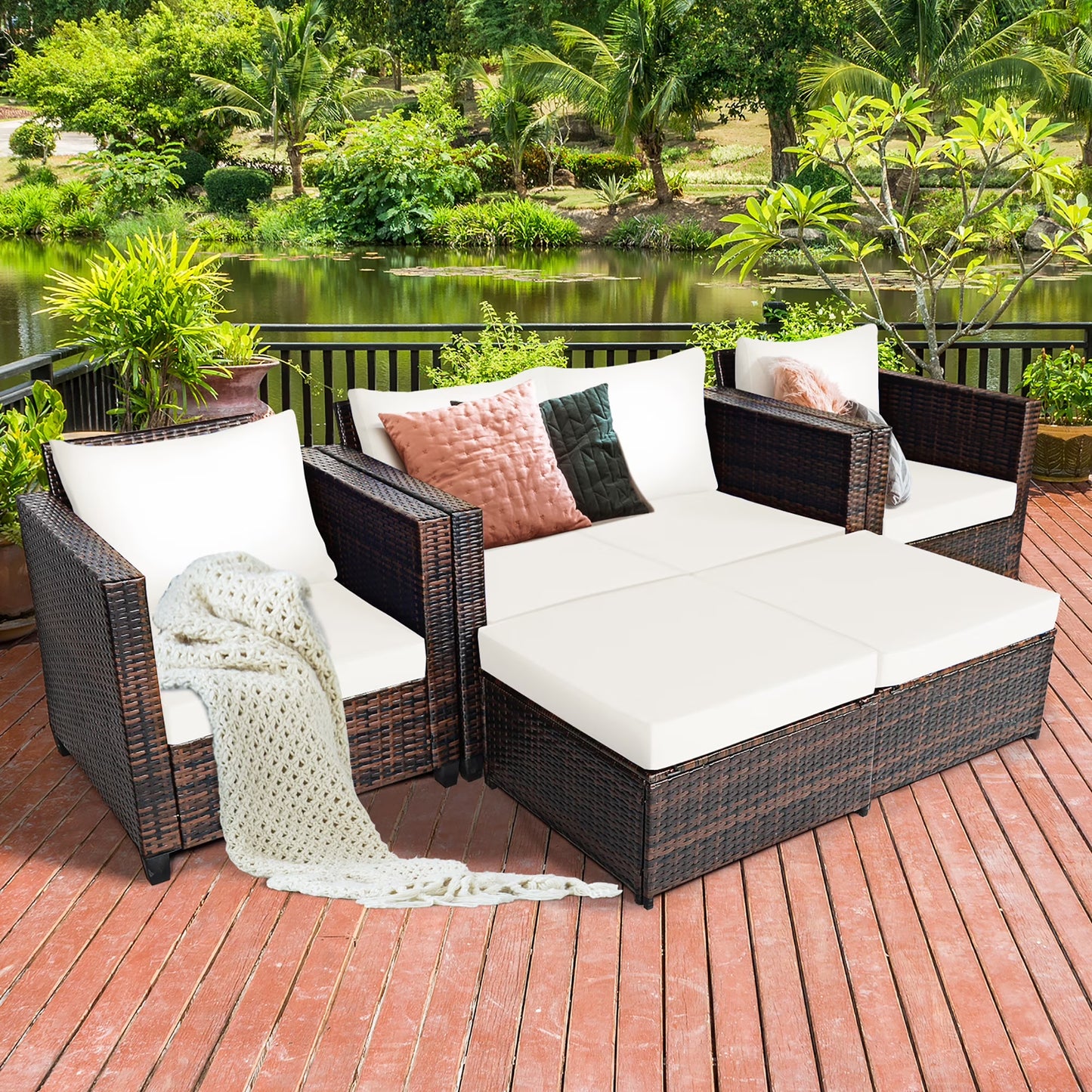 5PCS Patio Rattan Furniture Set Loveseat Sofa Ottoman Cushioned White