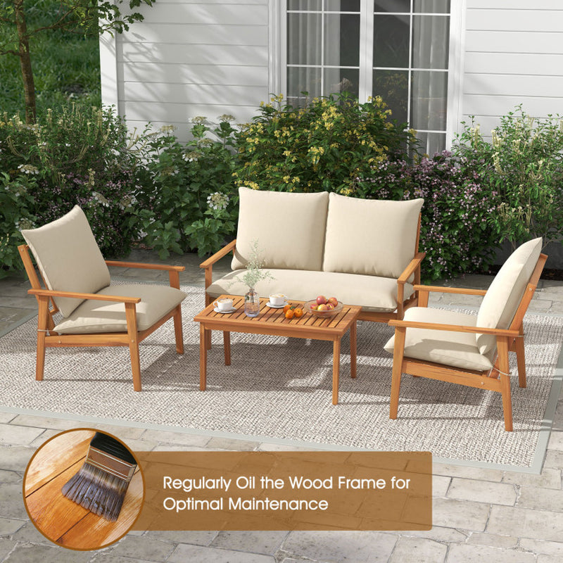 4 Pieces Outdoor Acacia Wood Conversation Set with Soft Cushions and Coffee Table