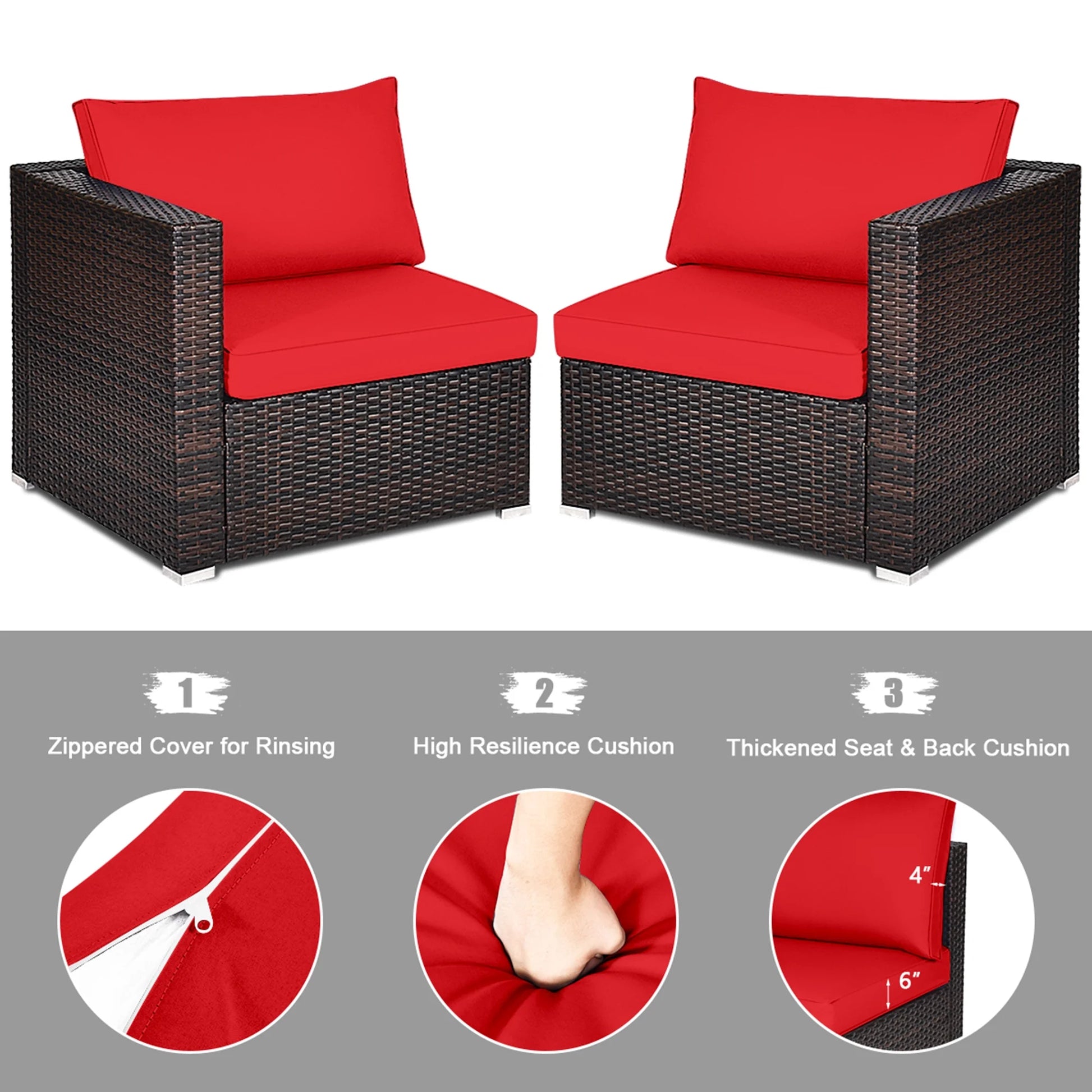 2PCS Rattan Corner Sofa Set Patio Outdoor Furniture Set W/ 4 Red Cushions