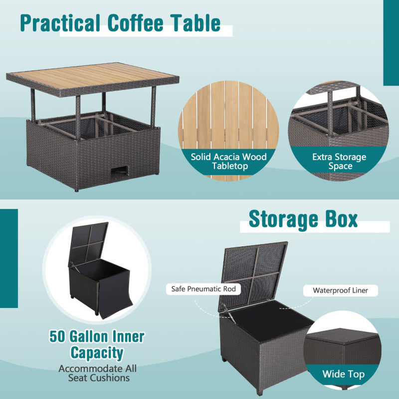 7 Pieces Wicker Outdoor Furniture Set with Acacia Wood Coffee Table and Ottoman