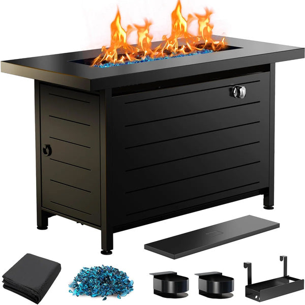 43" Propane Fire Table for outside 60,000 BTU Gas Fire Table for outside with Lid , Glass Beads, Cup Holders, Hanging Shelf & Nylon Cover, Rectangle