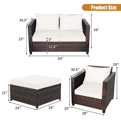 5PCS Patio Rattan Furniture Set Loveseat Sofa Ottoman Cushioned White
