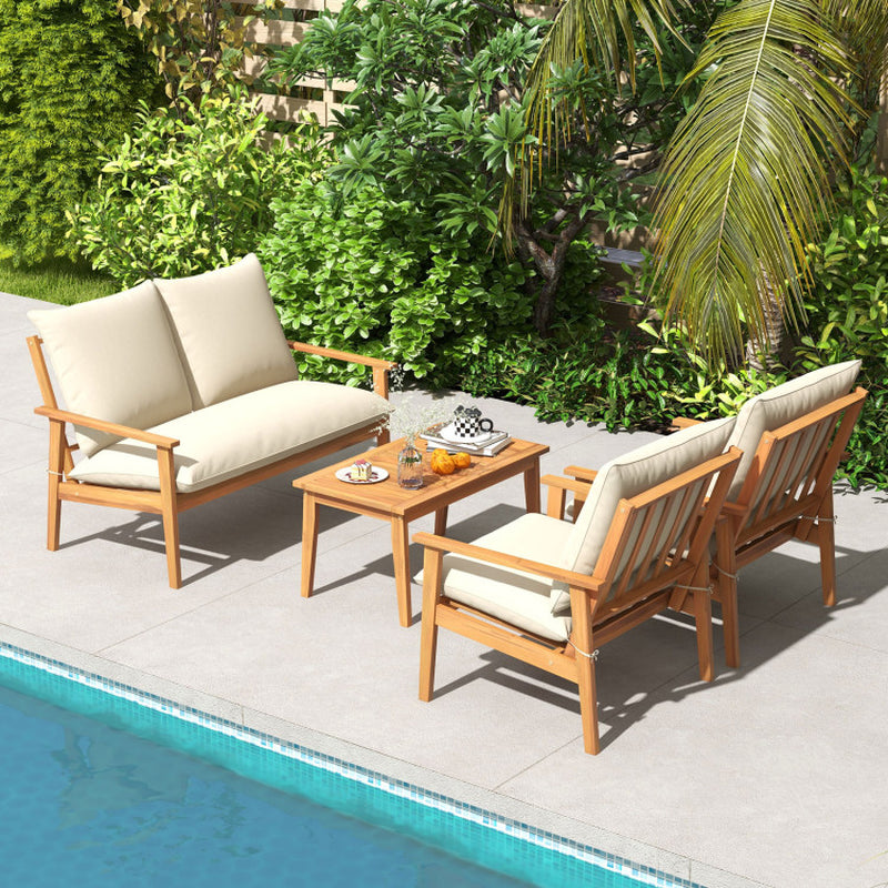 4 Pieces Outdoor Acacia Wood Conversation Set with Soft Cushions and Coffee Table