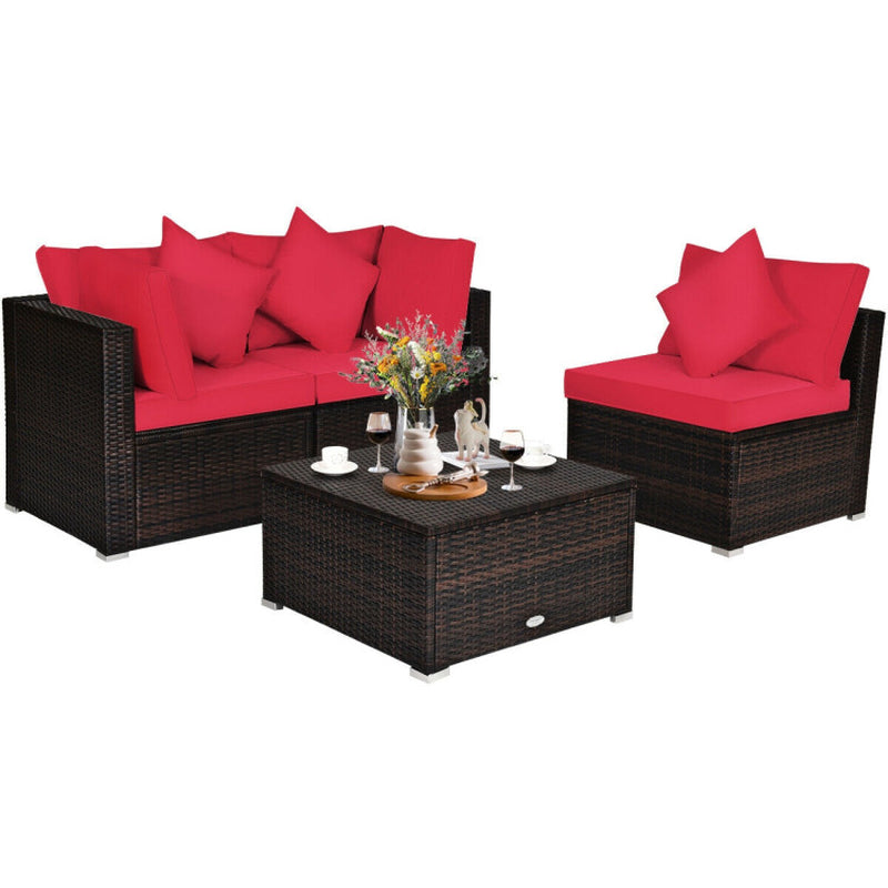 4 Pieces Patio Rattan Furniture Set with Removable Cushions and Pillows