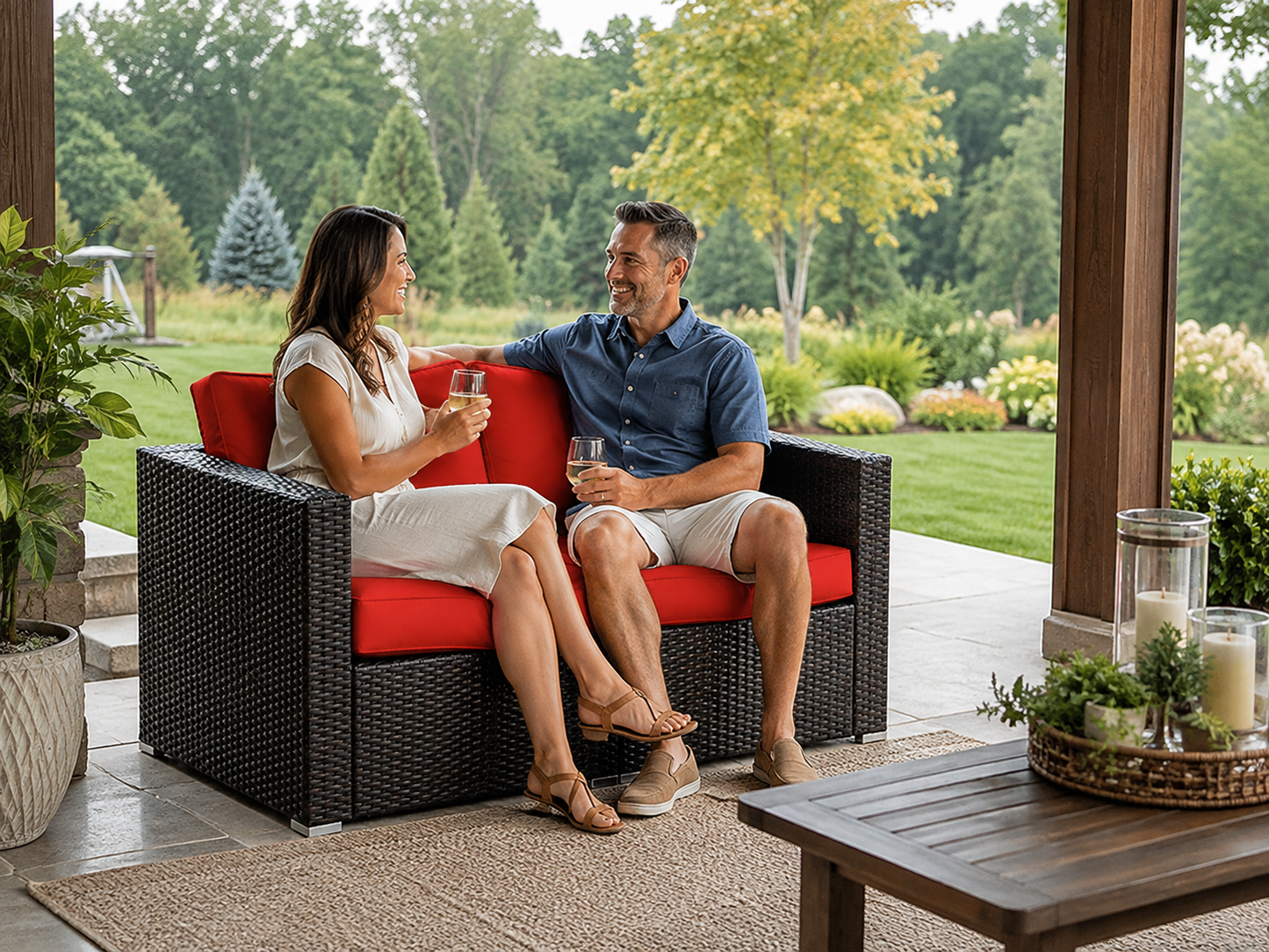 2PCS Rattan Corner Sofa Patio Outdoor Furniture W/ 4 Red Cushions