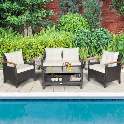 4 Pieces Patio Rattan Furniture Set with Cushioned Sofa and Coffee Table