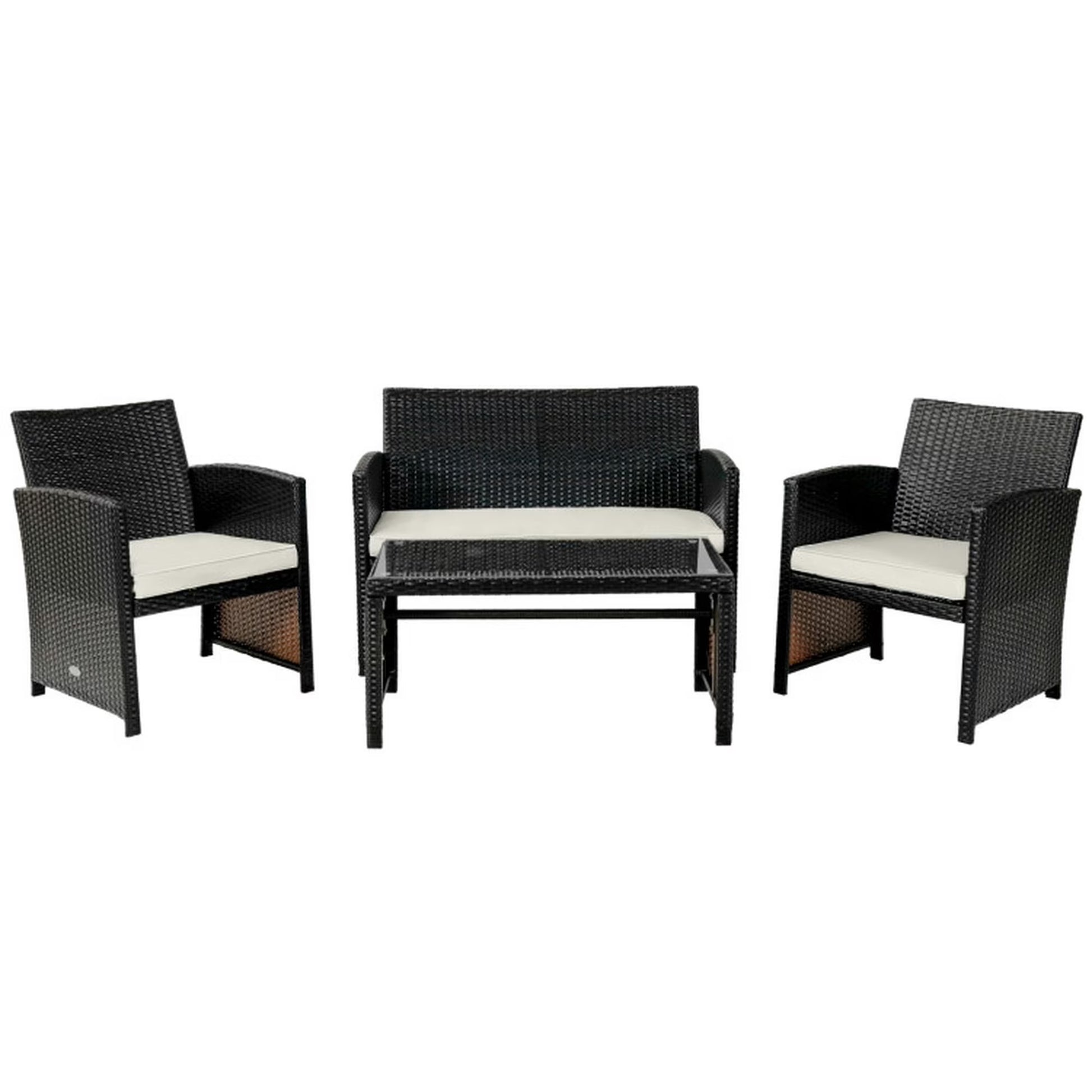 4-Piece Patio Seating Set, Patio Furniture Set, Patio Furniture Set, Wicker Garden Furniture with Wood Table and Legs, PE Rattan Outdoor Sofa Set for Balcony, Beige