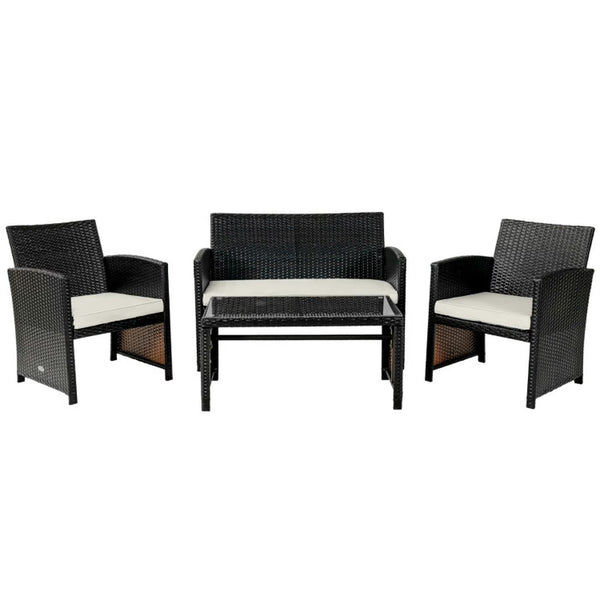 4-Piece Patio Seating Set, Patio Furniture Set, Patio Furniture Set, Wicker Garden Furniture with Wood Table and Legs, PE Rattan Outdoor Sofa Set for Balcony, Beige