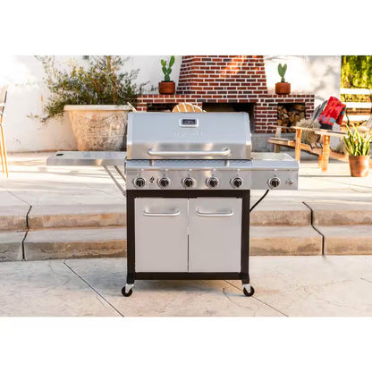 5-Burner Propane Gas Grill in Stainless Steel with Side Burner and Foldable Side Shelf