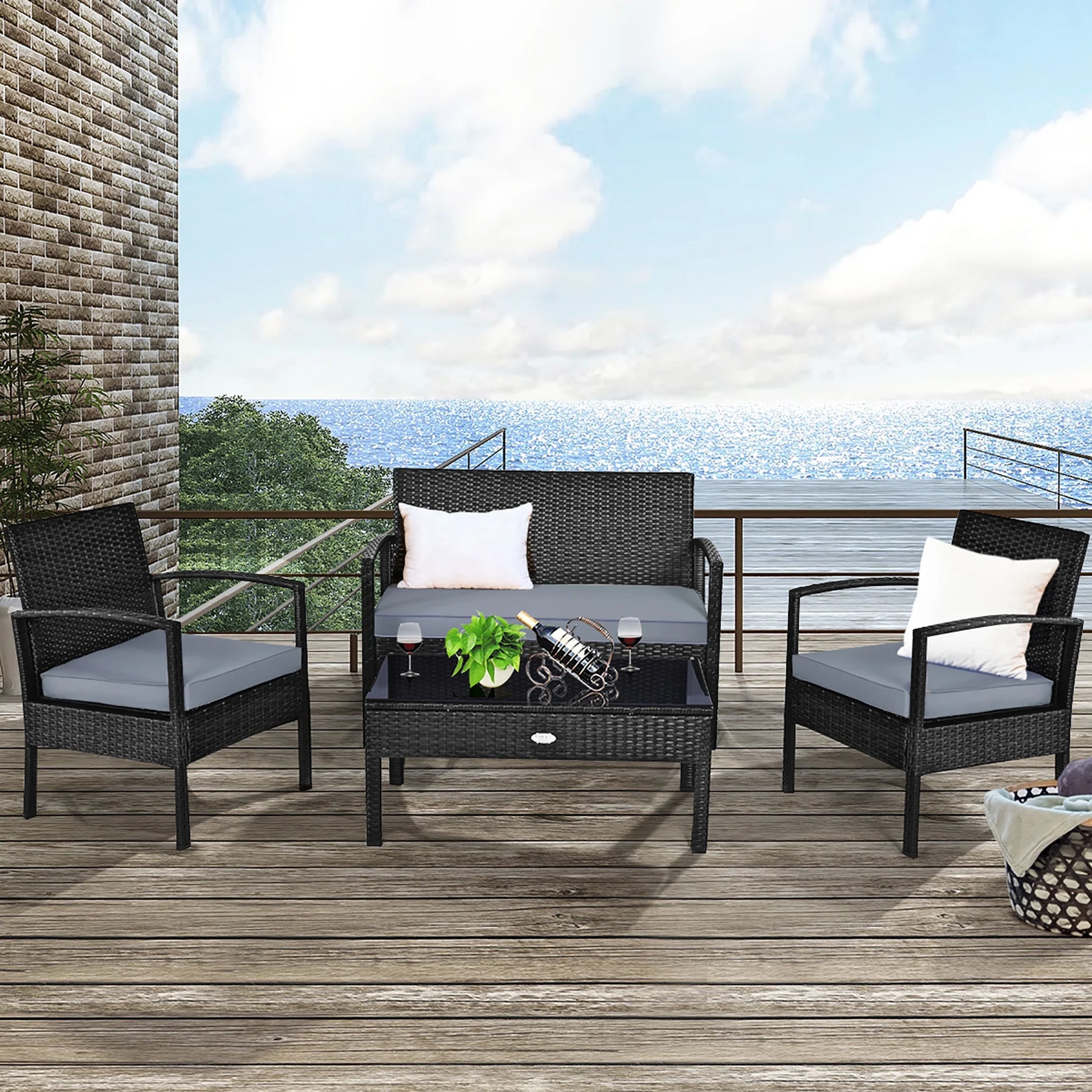 HW63756 4PCS Patio Rattan Furniture Set Garden Deck