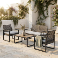 4-Piece Wicker Patio Conversation Set with Cushion, Outdoor Patio Furniture Set with Wood Table Top-Grey Cushions — Studio Shot