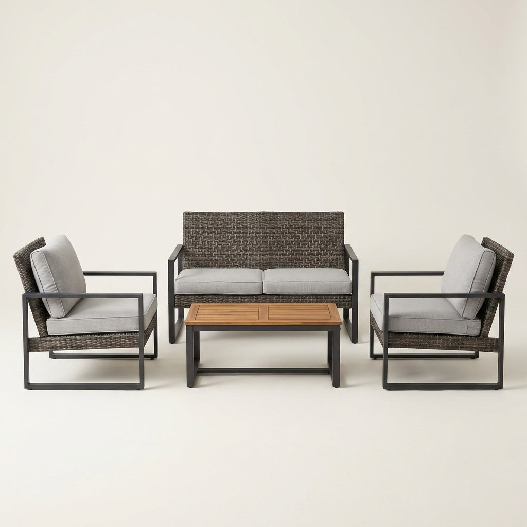4-Piece Wicker Patio Conversation Set with Cushion, Outdoor Patio Furniture Set with Wood Table Top-Grey Cushions — Studio Shot