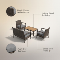 4-Piece Wicker Patio Conversation Set with Cushion, Outdoor Patio Furniture Set with Wood Table Top-Grey Cushions — infographic
