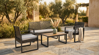 4-Piece Wicker Patio Conversation Set with Cushion, Outdoor Patio Furniture Set with Wood Table Top-Grey Cushions — Lifestyle