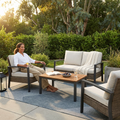 Wicker Patio Conversation Set Built for Comfort, 4-Piece with Cushions, Acacia Wood Tabletop, Iron Frame