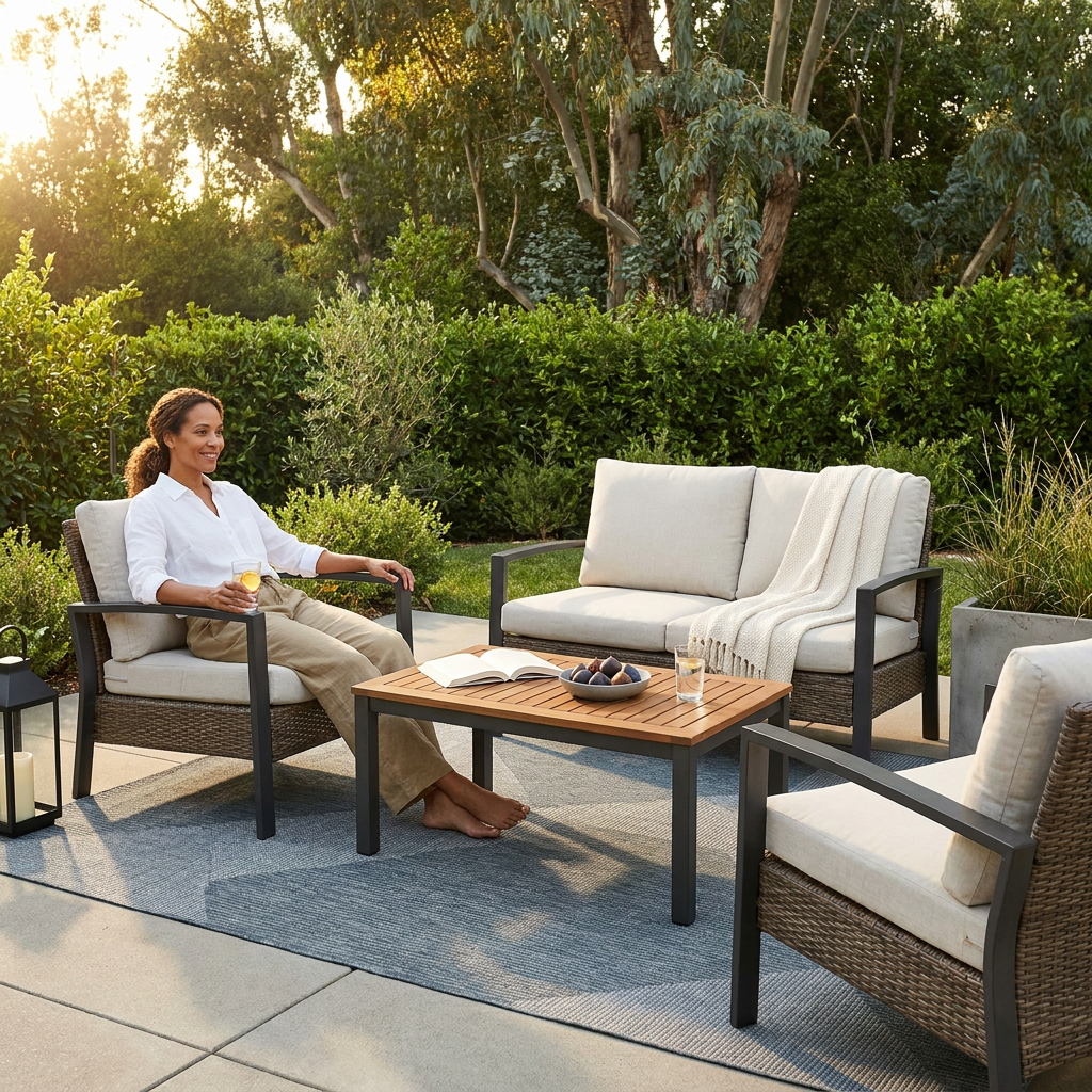 4-Piece Wicker Patio Conversation Set with Cushion, Outdoor Patio Furniture Set with Wood Table Top-Grey Cushions — Lifestyle