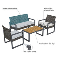 4-Piece Wicker Patio Conversation Set with Cushion, Outdoor Patio Furniture Set with Wood Table Top-Grey Cushions — How It Works