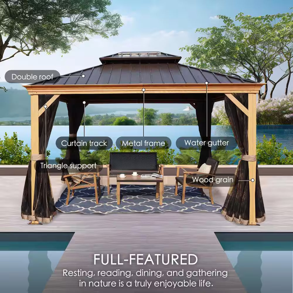 Apollo 10 Ft. X 12 Ft. Wood like Aluminum Hardtop Gazebo with Galvanized Steel Roof and Mosquito Net