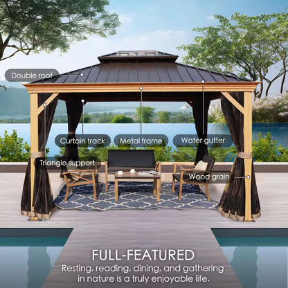 Apollo 10 Ft. X 12 Ft. Wood like Aluminum Hardtop Gazebo with Galvanized Steel Roof and Mosquito Net