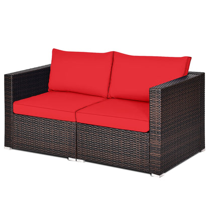 2PCS Rattan Corner Sofa Set Patio Outdoor Furniture Set W/ 4 Red Cushions