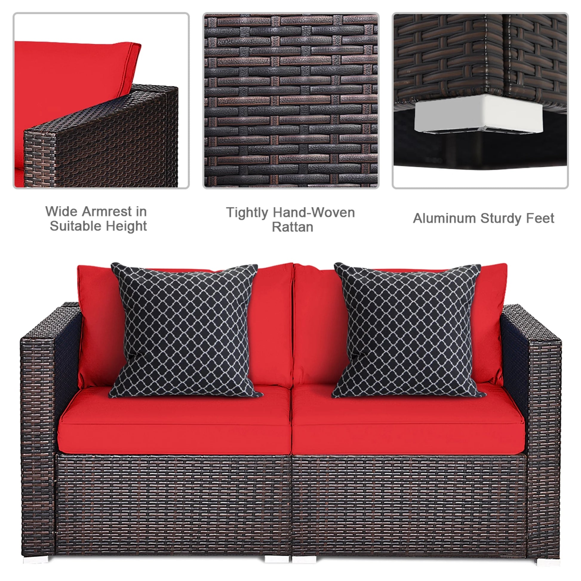 2PCS Rattan Corner Sofa Set Patio Outdoor Furniture Set W/ 4 Red Cushions
