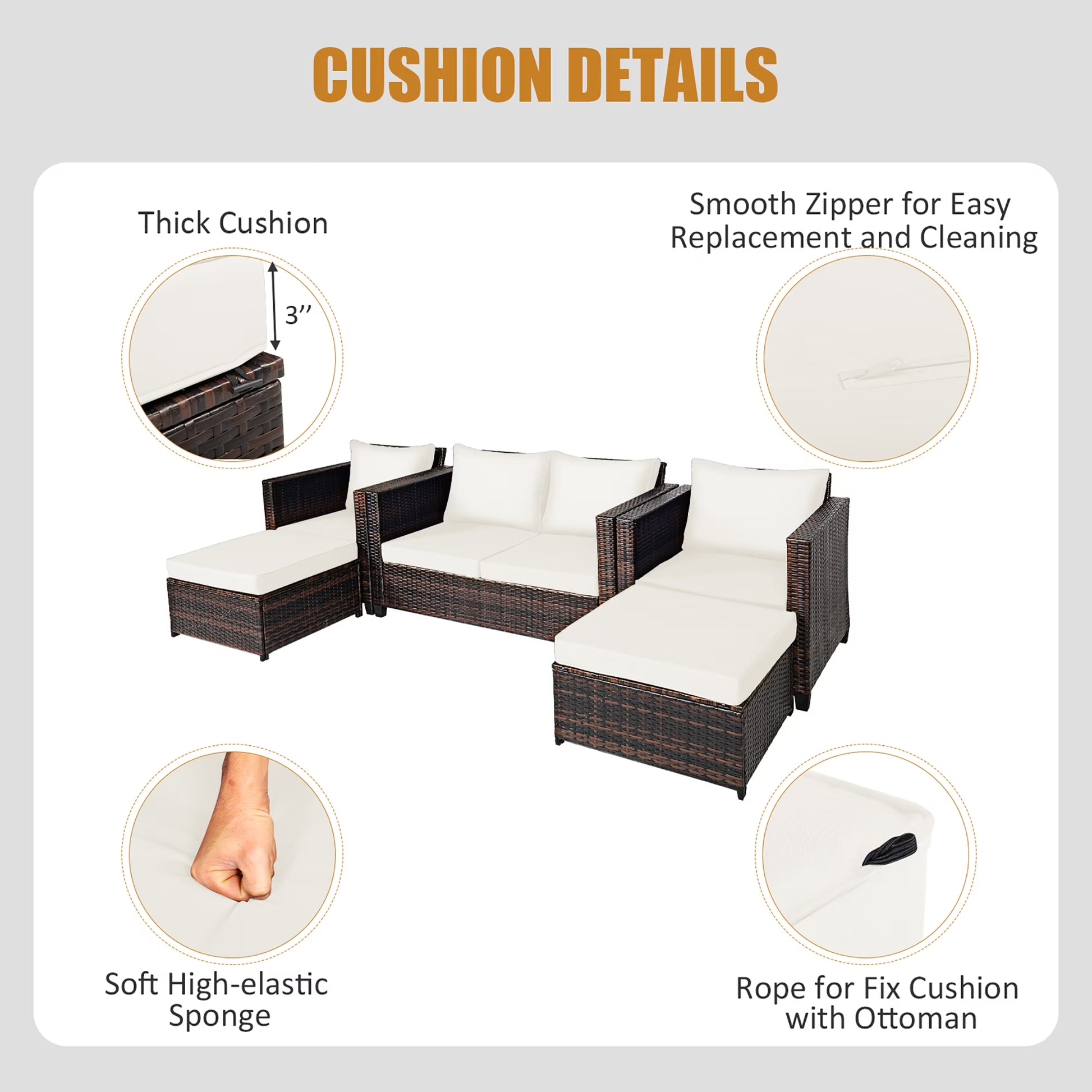 5PCS Patio Rattan Furniture Set Loveseat Sofa Ottoman Cushioned White