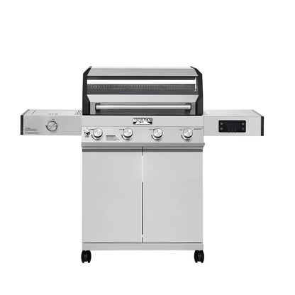 Denali 4-Burner Propane Gas Grill in Stainless with Clearview Lid, 3-Phase LED Controls and Side Burner