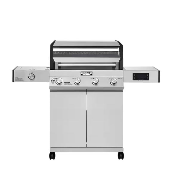 Denali 4-Burner Propane Gas Grill in Stainless with Clearview Lid, 3-Phase LED Controls and Side Burner