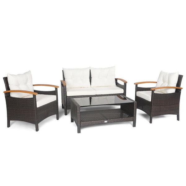 4 Pieces Patio Rattan Furniture Set with Cushioned Sofa and Coffee Table