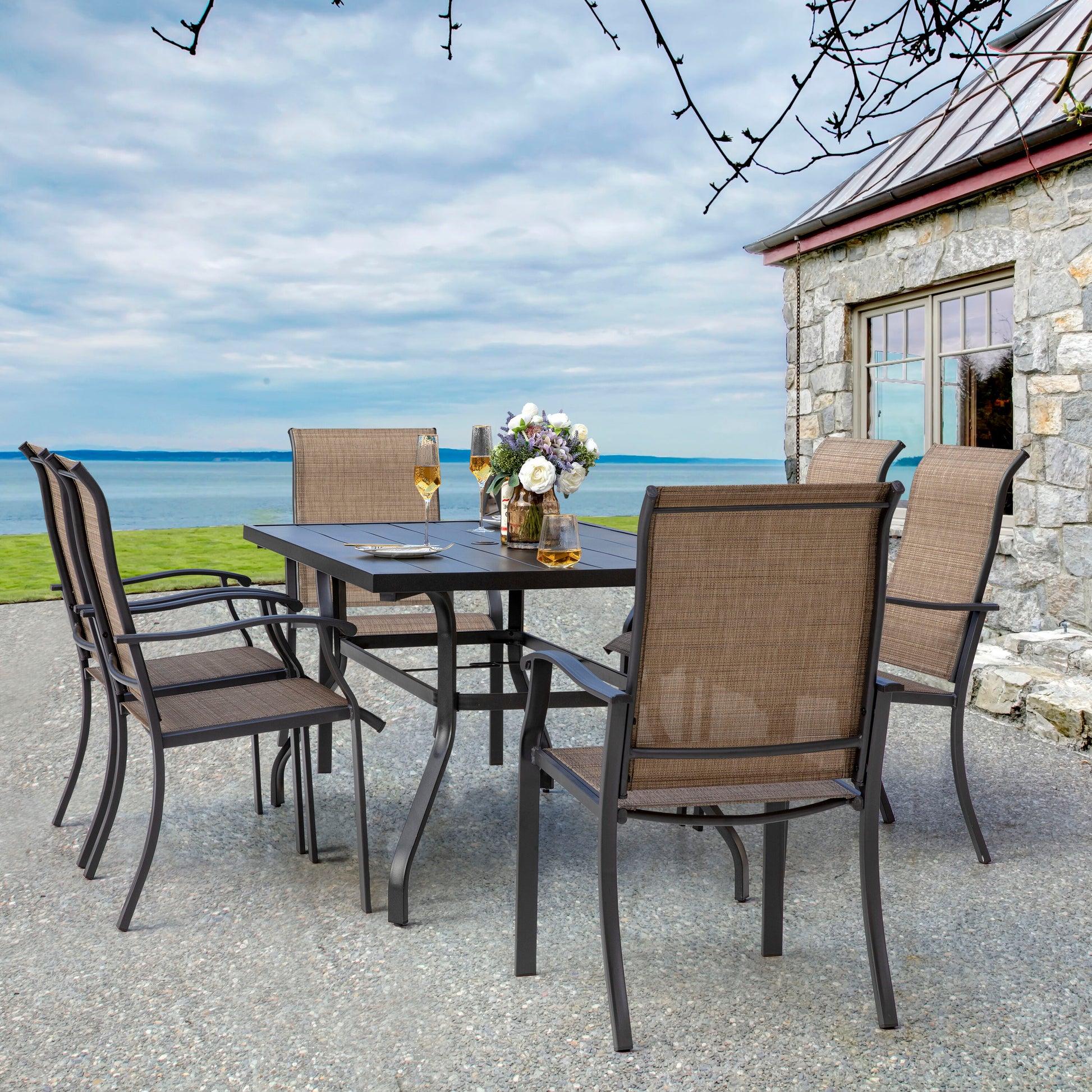7 -Piece Black Patio Dining Set Iron Rectangle Table with 6 Brown Stationary Chairs