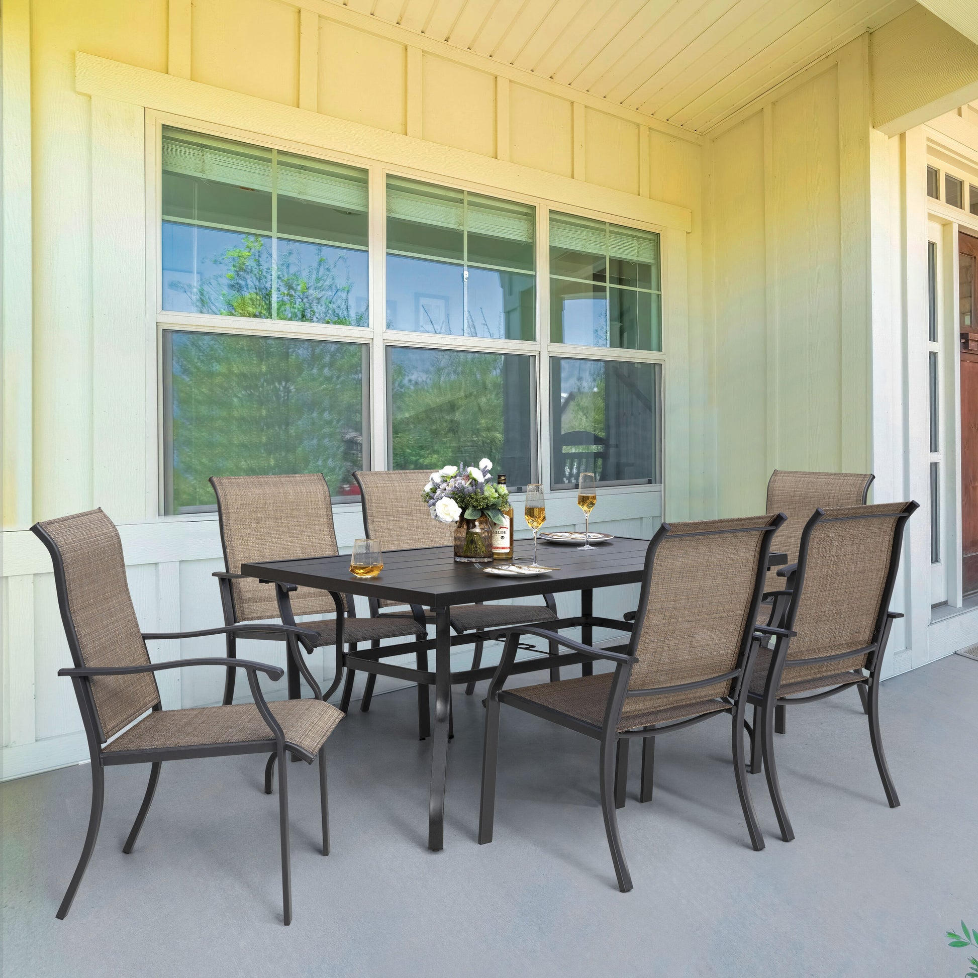 7 -Piece Black Patio Dining Set Iron Rectangle Table with 6 Brown Stationary Chairs