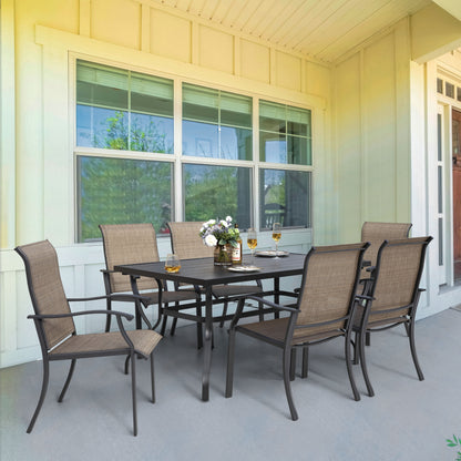 7 -Piece Black Patio Dining Set Iron Rectangle Table with 6 Brown Stationary Chairs